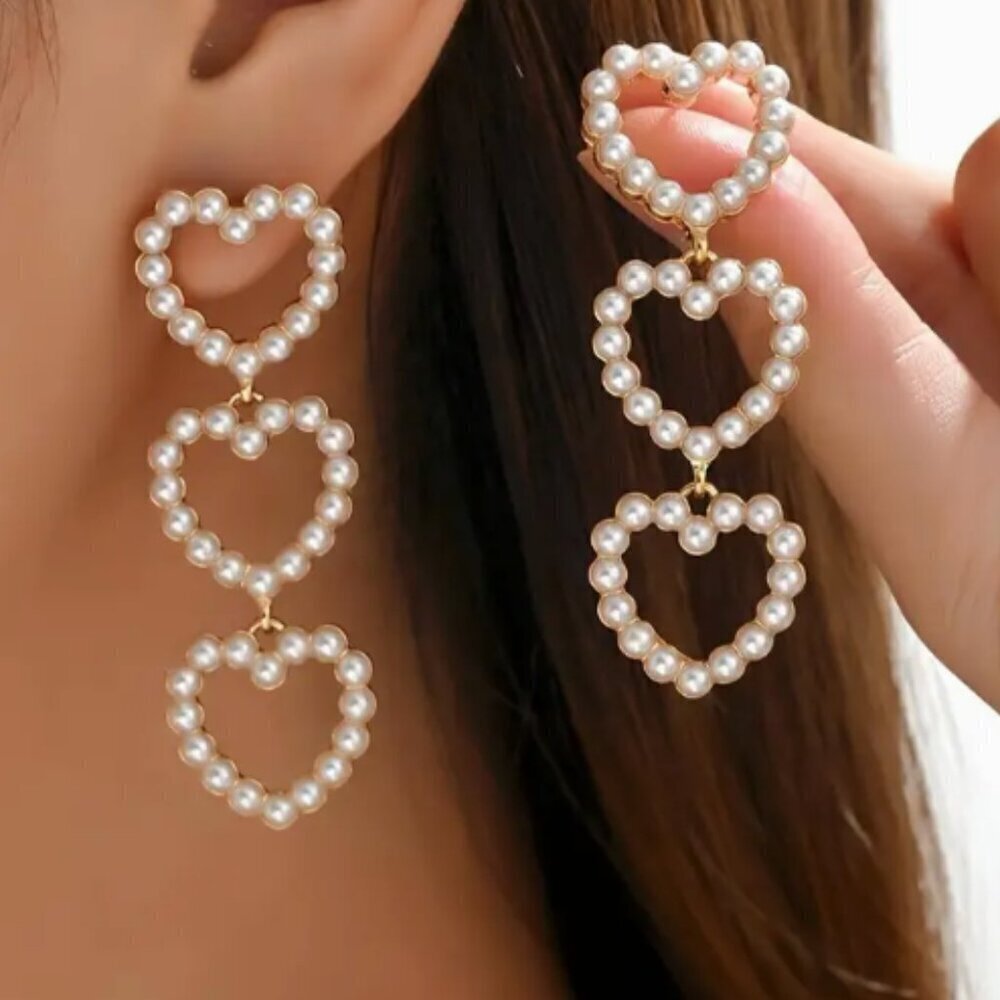 Heart Shaped Faux Pearl Drop Earrings - Gold Plated